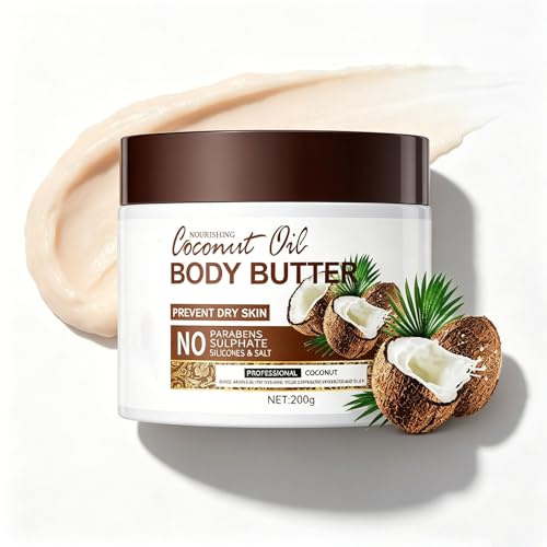 Coconut Body Butter 200g, Natürlich Kokosöl Körpercreme, Bodybutter Intensive Feuchtigkeit & Pflege für trockene Haut, Körperbutter für Alle Hauttypen, tägliche Körperpflege für Männer & Frauen