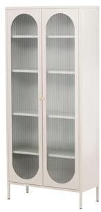 FURNLUX Metall Vitrinenschrank, Aufbewahrungsschrank mit 4 Regalen, Wohnzimmer Büro, 80x35x180 cm, Beige, Wellenglas-Türen, Freistehend