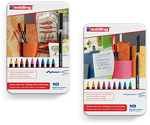 edding 4-1200-10 und 4-1300-10 Fasermaler Color Pen, 2x 10er Set, 0.5-1 mm, und 2mm Sortiert (Metalletui, 10fach 2x sortiert)