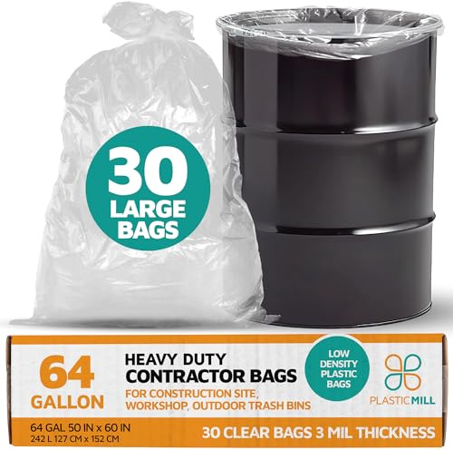 PlasticMill 64 Gallon Contractor Bags: Clear, 3 Mil, 50x60, 10 Bags.