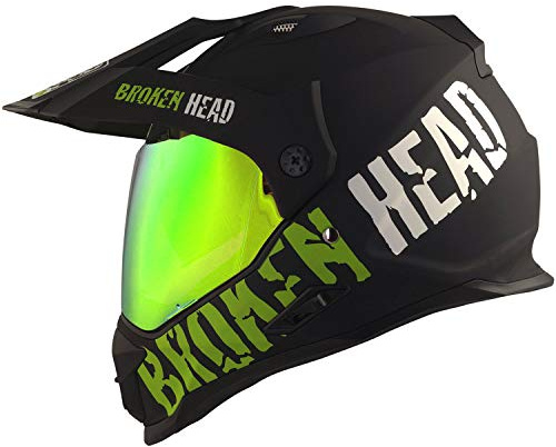 Broken Head made2rebel Motocross-Helm grün, Set mit Visier Gold | Enduro-Helm - MX Cross-Helm mit Sonnenblende - Quad-Helm