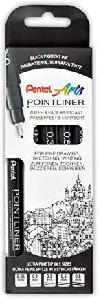 Pentel Pointliner S20P-5, 5er Set Fineliner, schwarz, wasserfest und lichtecht, 0,05 - 0,8 mm