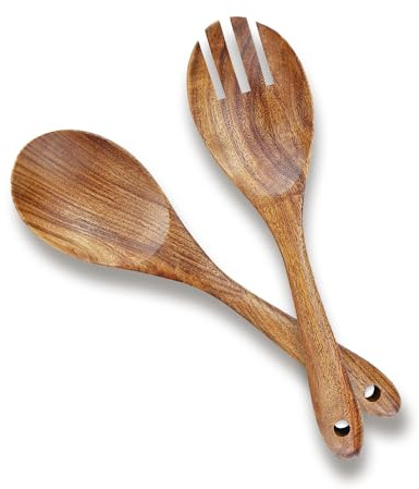 AOOSY Acacia Wood Salad Tongs,10.2 Inch Serving Utensils Set,Salad Fork and Salad Spoon for Serving,Long Handle Salad Server Set Kitchen Cooking Utensil