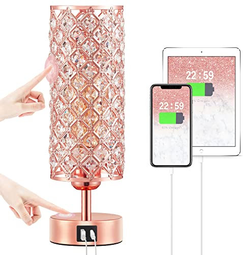 Touch USB Table Lamp, Rose Gold Lamp 3 Way Dimmable with Crystal Lampshade, Bedside Lamp with Dual USB Ports, Small Touch Light for Living Room Bedroom Home, Charge Phone (Bulb Included)