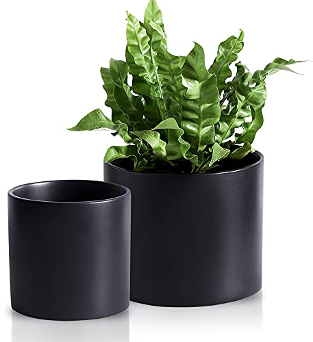 Nihow Blumentopf – 12,7 cm & 17,8 cm Keramik Übertopf Töpfe für Zimmerpflanzen – Kräuter/Schlangen/Sukkulenten/Orchideen Zylinder Pflanztopf – Mattschwarz (Set von 2) – Pflanzen Nicht enthalten