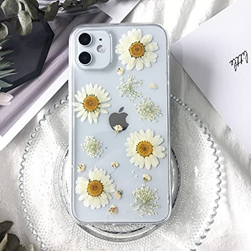 Tybiky iPhone 12 Pro Hülle Echte Blumen HandyHülle Transparent Gummi Kristall Schutzhülle Handgefertigten Bunter Getrocknete Blumenart Case Cover für Apple iPhone 12 Pro. 4 Chrysanthemen