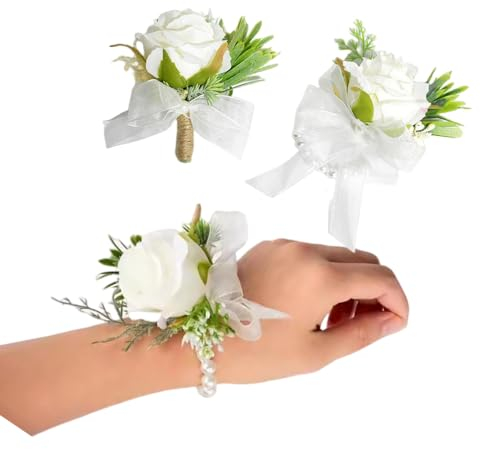 Lot de 2 Roses Blanches pour Poignet et Corsage pour Homme Boutonnière de Mariage pour Hommes, Rose de Boutonnière,pour La Fête Mariage Bal
