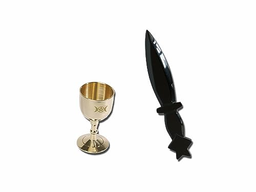 vuagmiv Obsidian Athame und Messing Kelch Wicca Set, schwarzer Edelstein Pentagramm Wicca Zubehör und Werkzeuge für Altar (Athame und Kelch)