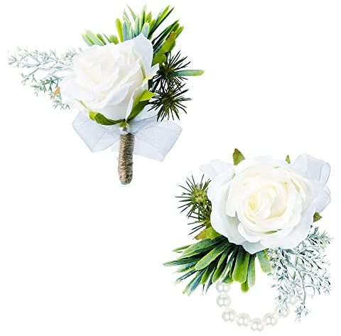 Oenothera 1 Satz Boutonniere Und Handgelenk Blume, Boutonniere Hochzeit, Boutonniere Braut, Boutonniere Bräutigam, Boutonniere Rose für Hochzeiten, Bankette, Jubiläumsdaten(Weiß)