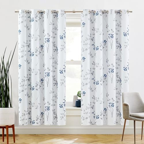 Beauoop Blue Grey Floral Blackout Curtains for Bedroom Living Room 72 Inch Drop Leaf Print Eyelet Curtain Botanical Thermal Insulated Noise Reducing Drapes Window Treatment Sets 2 Panels
