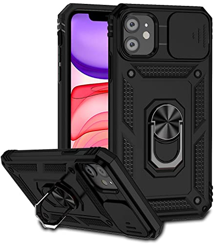 Jiyu Coque Compatible avec iPhone 11 6.1, Étui avec Cache Caméra & Support à Bague 360 Armor Full Body Antichoc Anti-Chut Housse TPU Silicone Bumper Cover,Noir