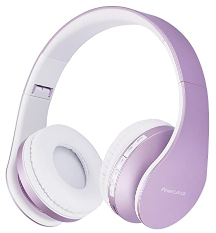 PowerLocus Bluetooth Over Ear Kopfhörer, Kabellose HiFi Stereo, Faltbare Kopfhörer mit Mikrofon, weiche Ohrpolster, Micro SD/TF, FM Radio für iPhone/Android/Tablet/Laptop (Weiß/Lila)