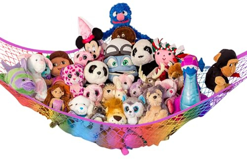 Lilly's Love Large Stuffed Animal Net Hammock for Plushie Toys | Corner Hanging Organizer for your Teddy and Stuffy Collection | Easy to Hang w/Included Anchors & Hooks - Rainbow