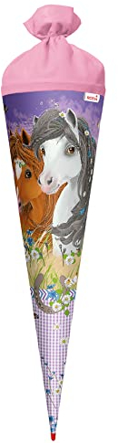ROTH Schultüte groß Blumenpferde mit Glitter 70 cm - rund, Rot(h)-Spitze, Filzverschluss - Zuckertüte Pferde