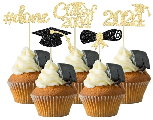 Gyufise 30Pcs 2023 Graduation Cupcake Toppers Gold and Black Glitter Class of Cake Done Picks Grad Cap Diploma Decorations for Theme Party Cake, (UKZN0334-B)