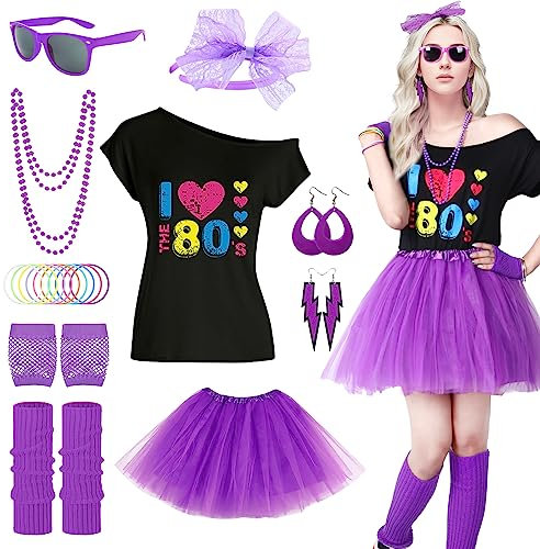 Maryparty Women's 80s Costume Accessories Set 80s Fancy Dress for Women Lips Print T-Shirt Adult Tutu Skirt Lace Headband Neon Earrings Necklace Leg Warmers Fishnet Gloves Bracelet (Style-2, M)
