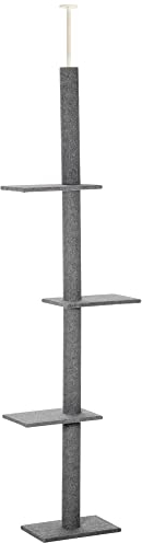 PawHut Árbol para Gatos del Suelo al Techo 43x27x228-260 cm Torre para Gatos con Altura Ajustable 4 Plataformas Espaciosas y Poste de Sisal Gris