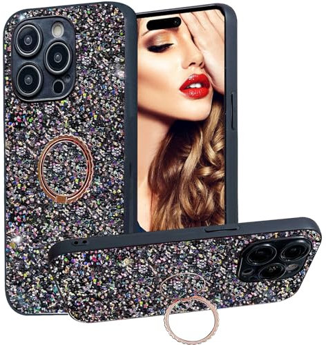 Ysnzaq Glitter Case for Apple iPhone 15 Pro Max 6.7, Bling Sparkle Luxury Case for Women Girls with Ring Holder Kickstand Shockproof Bumper Cover for Apple iPhone 15 Pro Max. CZ Black