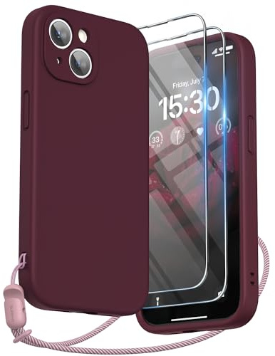 SURPHY Coque pour iPhone 15, Coque en Silicone Liquide [2 Protection écran et 1 Cordon], Housse Protection Complète iPhone 15 avec Microfibre Douce 6,1, Prune
