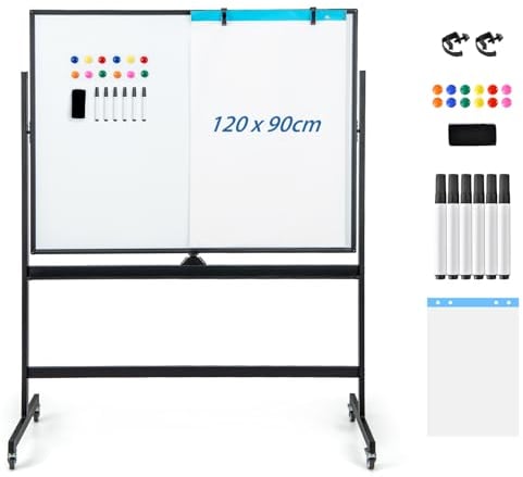 GOPLUS Magnetisches Whiteboard Mit Ständer, Doppelseitig Mit Zubehör Set, Trocken Abwischbar, Mobil Und Höhenverstellbar, Für Schule, Büro, Zuhause (120 x 90cm, Schwarz)