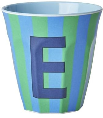 Rice Melamin Becher medium gestreift mit Buchstaben, Modell für Jungen blau/grün/mint- Töne, Größe 9 x 9 cm (E Junge)