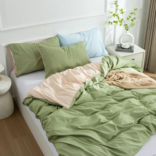 OUYUNKKA Einfarbig 2 teilig Bettwäsche 135x200cm,Grün und Beige Modern Doppelfarbig Wendbar Bettbezug Deckenbezug mit Reißverschluss und Kissenbezüge 80x80cm Einfach Stilvoll Bettwäscheset