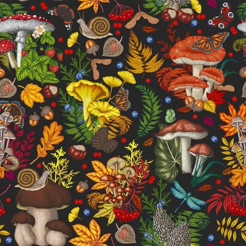 VEELIKE Tapete Pilz Skurrile Fototapete Blumen Schwarz Botanica Blumentapete Vintage Mustertapete Dschungel Tapete Kinderzimmer Wand Dekoration Schlafzimmer Möbelfolie Selbstklebende 44.5cm×300cm
