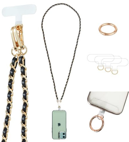 Casecond Crossbody Phone Lanyard Chain Shoulder Cell Phone Strap Phone Charm Neck Chain Phone Holder 3 Pad Patches Tether Universal for iPhone 16 Pro Max 15 14 13 12 Samsung S24 Google Moto Gold/Black