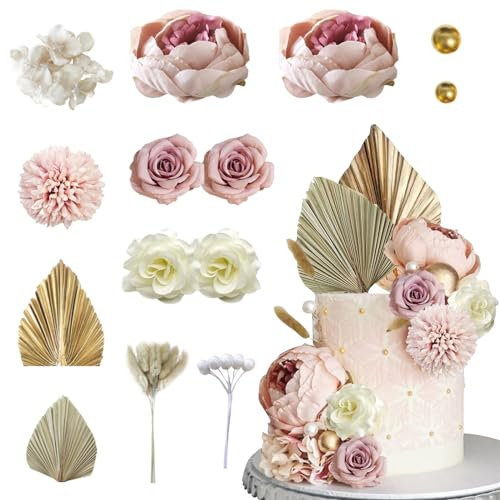 Guisu Flower Artificial Decoration Set Pink White Flowers Set Dried Rose Gold Palm Leaf Paper Fan Decor Kit Metal Ball Valentine's Day Gift for Garden Home Birthday Party