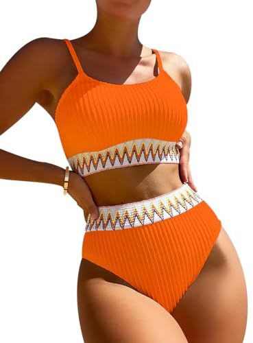 Bikini Taille Haute Femme Maillot de Bain Femme 2 Pieces Taille Haute Push Up Ensemble Bikini Bandeau Mayo de Bain Femme Swimsuit Trikini Maillot de Bain Natation Piscine Deux Pièces Femme Orange L
