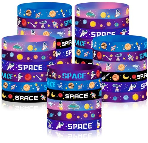 JUNEBRUSHS Weltraum Party Silikon Armbänder, 30 Stück Weltraum Partygeschenke Gummi Armbänder Galaxie Sterne Weltall Zubehör für Geburtstag Deko Geschenke (6 Designs)