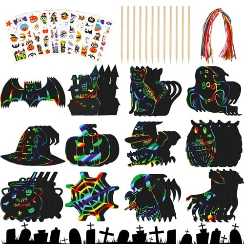 RISF Halloween Kratzbilder für Kinder, 48 Stück Halloween Kratzbilder Bastel Set, 10 Temporäre Tattoo, Fledermaus Geist Kürbis Schädel Hexe Eule, Scratch Art paper mit Holzstiften Ribbon
