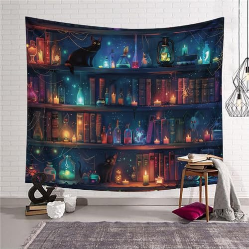 Lsimeru Vintage Bücherregal Wandteppich Zauberbuch Zauberflaschen Alte Bücher Regal Wandbehang Psychedelic Trippy Tapestry Wandtucher Wandkunst für Wohnzimmer Schlafzimmer
