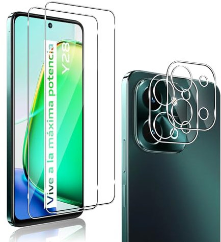 QULLOO [2+ 2 Piezas Protector de Pantalla para Vivo Y28 4G + Protector de Lente de cámara, 9H Dureza Vidrio Templado Sin Burbujas Film Cristal Templado para Vivo Y28