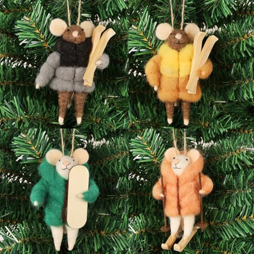 Set of 4 Christmas Felt Skiing Mice Ornaments, 4.7 Mini Winter Hanging Wool Mouse Figurines, Tiered Tray Tabletop Decor, Animal Crafts Xmas Tree Holiday Easter Gifts Home Office Party Supply