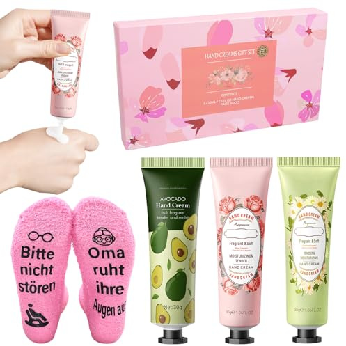 Oma Geschenk, Geschenkset für Frauen, Lustige Socken Spruch Bitte nicht stören Oma ruht ihre Augen aus, Lustige Geschenke für Frauen mit Handcreme und Kuschelsocken, Weihnachtsgeschenke für Frauen