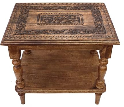 COTTON CRAFT Beistelltisch aus Massivholz, handgeschnitzt, Vintage-Bauernhaus-Boho-Beistelltisch mit unterer Ablage, kleine Räume, Eingangsbereich, Wohnzimmer, Nachttisch, keine Werkzeugmontage, 53 x