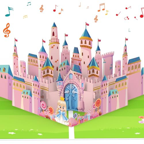 Geburtstagskarte, Musikalische Geburtstagskarte für Mädchen, Pop Up 3D Pink Castle Geburtstagskarte für Kinder, Tochter, Enkelin, Nichte - Geburtstagskarte mit Umschlag für 1/2/3/4/5/6/7/8 Jahre alte