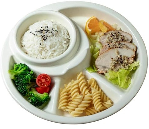 Compartment Divided Plate with 4 Sections Ceramic Dinner Platter 8 Inch for Kitchen Every Day Use, Hamankim Healthy Eating Bariatric Diet Plate, 1 Piece(White)