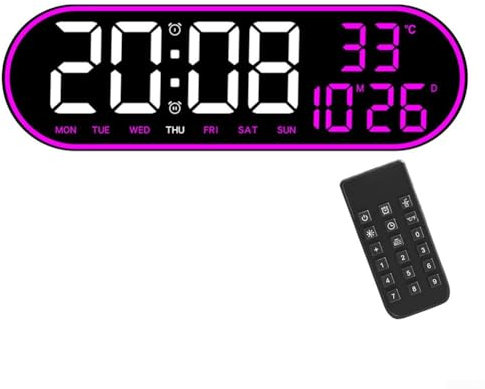 Orologio da parete digitale da 38,1 cm, grande orologio a LED con telecomando, luminosità regolabile e funzione sveglia, per casa, camera da letto, cucina, palestra e (viola)