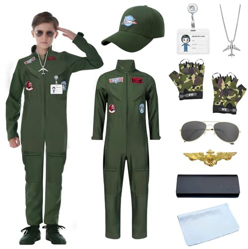 COYBTO Pilot Kostüm Kinder, Flieger Kostüm mit Hut Camouflage Handschuhen Pilotenbrille, Kampfjet Pilot Kostüm Faschingskostüme, Pilot Jumpsuit Piloten Kostüm für Cosplay Karneval Rollenspiel (150)