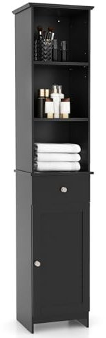 RELAX4LIFE Bathroom Tall Cabinet, Slim Wooden Storage Cupboard with 2 Adjustable Shelves, Door Cabinet & Drawer, Floor Standing Narrow Organiser Tallboy Unit for Living Room Kitchen (Black)