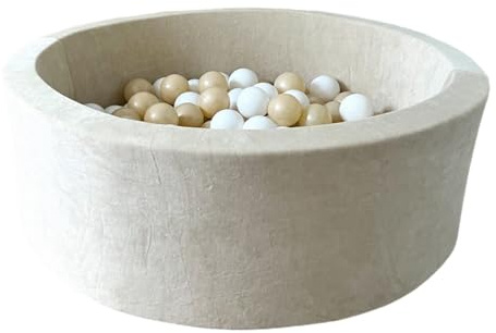 Monio for Kids Trockener Creme Bällebad aus Velvet 200 Bälle 30x90 cm Waschbarer Bezug Weiches Material Sicheres Spielen für Kinder