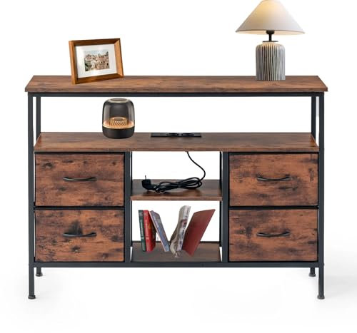 Xisilla Retro-Kommode mit Vier Schubladen und integrierter Steckdose, Kommode aus Vliesstoff mit Griffen, Schwarz kommoden & sideboards