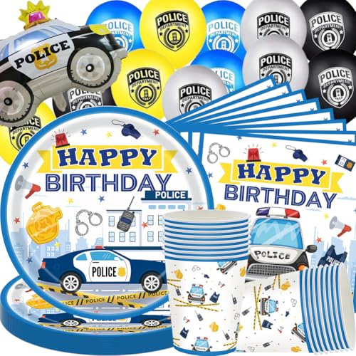 73PCS Polizei Geburtstag Party Geschirr Set, Supplies einschließlich Teller, Tasse, Servietten, Luftballons,für Partydekorationen der Polizei，Für Personen ab 14 Jahren
