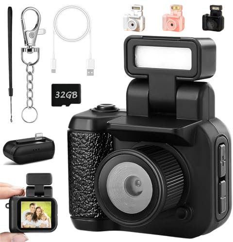 Gen.2 Mini Retro Keychain Camera - Pocket-Sized Fun with Vintage Flair, Portable Small Keychain Camera with 90-Degree Flip Led Flash Light and Multiple Filters for Travel Study Recording (Black)