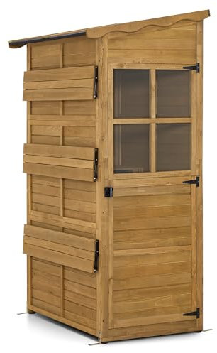 M MCombo Gartenschrank Gartenhaus Holz Wetterfest, Outdoor Schrank Wetterfest, Geräteschuppen Begehbar, für Außenbereich Balkon & Terrasse, Gerätehaus mit 3 Feste Regale, 120×86×201 cm, 1753 (Natur)