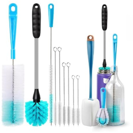 Sirxlevcy Ensemble de Nettoyage de Tube de Brosse à Bouteille, Nettoyeur de Bouteille à Long Manche pour Laver les Bouteilles de Bière à Col Étroit, Carafe à Vin, Tasse Étroite