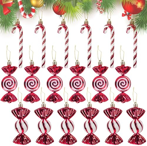 Vookkp 18 Pezzi Albero di Natale Caramelle Bastoncino di Zucchero Natale Decorazioni Caramelle Albero di Natale Glitter Addobbi Natalizie in Rosso e Bianco