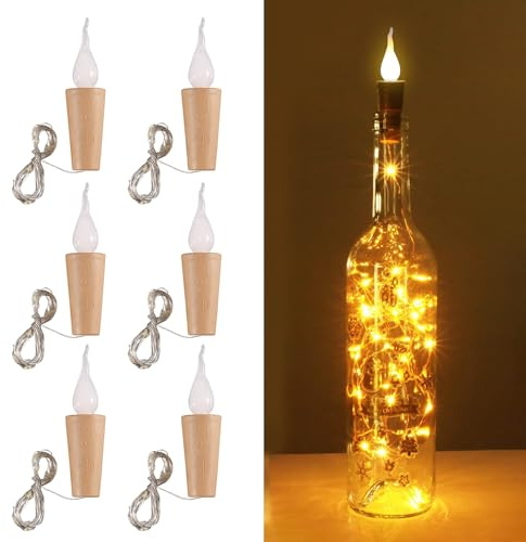 6 Stück Flaschenlichterkette Korken, 2M 20 LEDs Lichterkette für Flaschen, Korken Lichterkette weiß mit Flammenform, LED Flaschenlicht für DIY Flaschen, Party, Hochzeit, Halloween, Weihnachten Deko